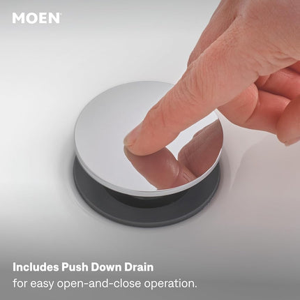 Moen Revyl - Grifo monomando cromado para lavabo de baño moderno con placa de cubierta opcional y conjunto de desagüe con resorte, 84771