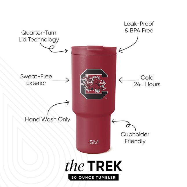 Vaso de 30 oz con licencia oficial de Simple Modern de la Universidad de Carolina del Sur con tapa abatible y popotes | Vaso aislado de acero inoxidable | Regalos para hombres y mujeres | Colección Trek | Universidad de Carolina del Sur