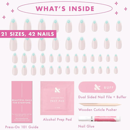 Olive & June Maximalist Instant Mani Press-On Nails (Glue) | 42 Fake Nails, 21 Sizes | Non-Toxic, Long-Lasting Big, Bold Gorgeous Realistic Look | Medium, Almond | Puffy Flower Chrome French