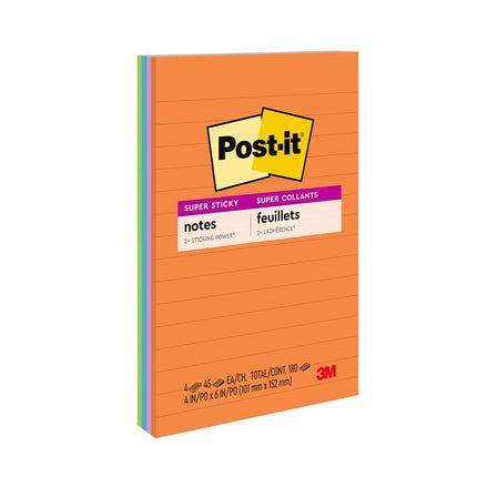 Post-it Super Sticky Notes, 101,6x152,4 mm, 4 Blocs, Pouvoir Adhésif Doublé, Collection Énergie, Couleurs Vives (Orange, Rose, Bleu, Vert), Recyclable (4621-SSAU)