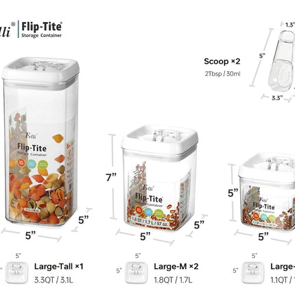 Felli Flip Tite Food Storage Container 5” LARGE 5pk Set + No Residue Label, Airtight Lid Easy Lock Top Stackable, Plastic Canister Jar for Pantry Kitchen Fridge Organizer Pasta Protein Powder Spice