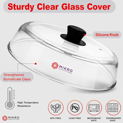 Microwave Glass plate cover for food - Sturdy Borosilicate glass splatter guard with vent hole - 100% Food Safe BPA free Easy Grip Silicone Knob and Dishwasher safe - 10.5in
