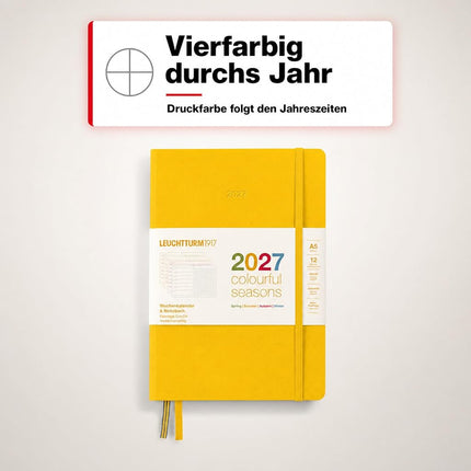 LEUCHTTURM1917 Weekly Calendar & Notebook Dotted Medium (A5) 2027, Colourful Seasons Yellow, English, Hardcover, Calendar Overview 2026/2027/2028, Planning Overview 01.27-12.28, Project Planner