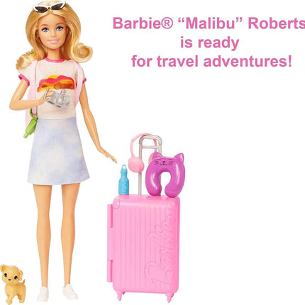 Barbie Doll & Accessories, Travel Set with Puppy and 10+ Pieces, Suitcase Opens & Closes, Barbie 'Malibu' with Blonde Hair, HJY18