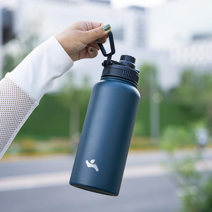 Konokyo Insulated Water Bottle with Straw,32oz 3 Lids Metal Bottles Stainless Steel Water Flask,Navy Blue