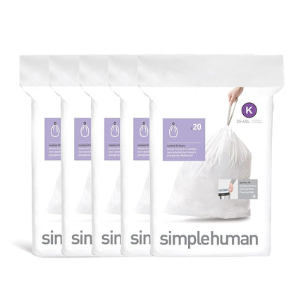 simplehuman Code K 100 Liners, 50% Recycled Custom Fit Bin Bags in Dispenser Packs with Durable Drawstring Tie Handle, 35-45L, White