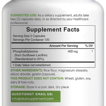 Phosphatidylserine Supplement, 400mg Serving, 240 Capsules � Soy Free Sunflower Lecithin Source
