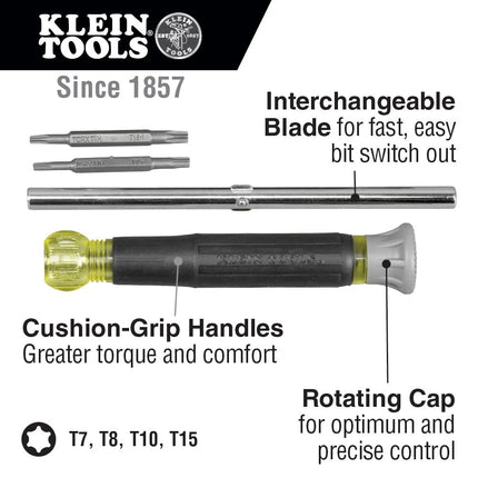 Precision Electronics Screwdriver 4-in-1, Torx, Spin Top, Cushion Grip, Industrial Strength Bits Klein Tools 32585