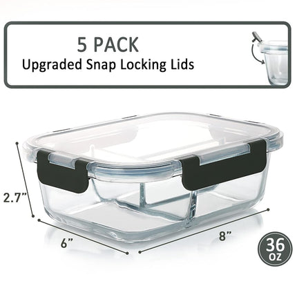Glass Food Storage Containers Airtight Lid Clips, Baking, Storing and Freezing Food | Microwave, Freezer | BPA Free, 1050 ml, Pack of 5, Glass