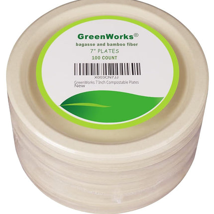 GreenWorks 100 Count 7“ Compostable Plates, Unbleached Biodegradable Bagasse and Bamboo fiber Paper Plates