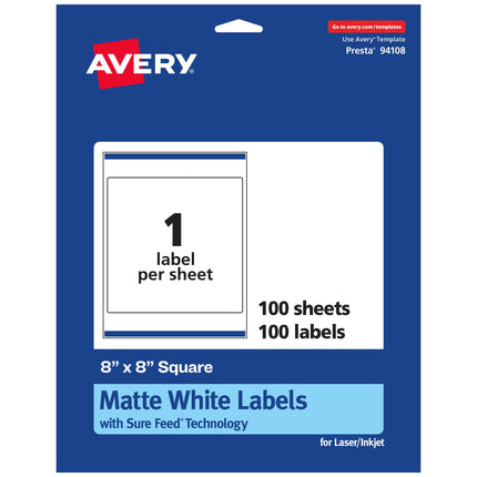 Avery Matte White Square Labels with Sure Feed, 8"