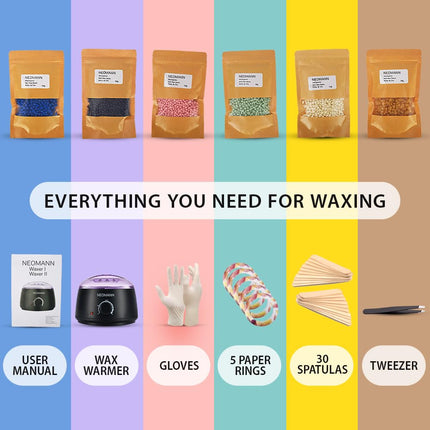 NEOMANN Waxer II Waxing Kit for Woman Non-Sticky, Teflon-Coated - Wax Warmer for Hair Removal incl. 600g Wax Beads, 30 Spatulas - Wax Machine or Wax Pot Perfect Brazilian Wax Kit for Women
