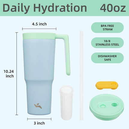 Gobelet isotherme Konokyo avec poignée et paille, bouteille d'eau isotherme sous vide en acier inoxydable de 1,2 L, tasse de voyage en métal avec diffuseur de fruits, bleu clair
