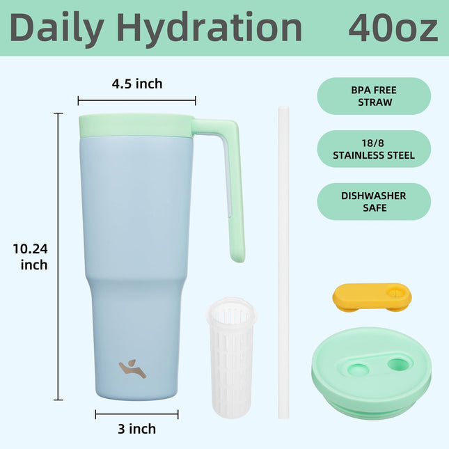 Vaso térmico Konokyo con asa y pajita, botella de agua de acero inoxidable al vacío de 40 oz, taza de viaje de metal con difusor de frutas, azul claro