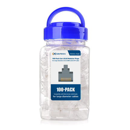 Cable Matters Lot de 100 fiches modulaires Cat 6 RJ45 pour câbles de grand diamètre, plaquées or 50µ, connecteur Cat6 RJ45, connecteur Ethernet, embouts Ethernet, connecteurs Cat6