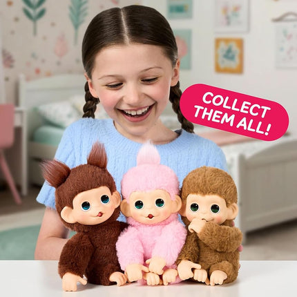 Little Live Pets Baby Monkey Minis – Luna Lemon. Interactive Pet Toy. 20+ Sounds & Reactions. Soft Pink Fur. 7.4" Tall. Feed, Nurture. React. Grippy Hands & Feet. Collect All 3