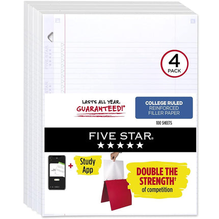 Five Star Loose Leaf Paper + Study App, 4 Pack, 3 Hole Punched, Reinforced Filler Paper, College Ruled Paper, 11" x 8-1/2", 100 Sheets/Pack (38032)