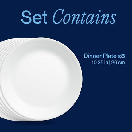 Corelle Dinner Plates, Winter Frost White, 10.25 Inch – 8-Piece Set of Triple-Layer-Strong Glass Plates, Lightweight, Stackable, Non-Porous, Dishwasher and Microwave Safe