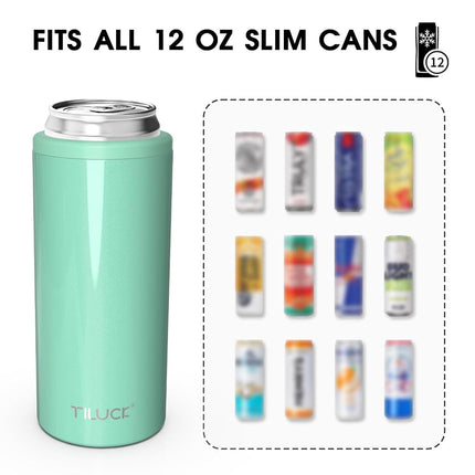 TILUCK Skinny Can Cooler for Slim Beer & Hard Seltzer, Stainless Steel, Doucle-Walled Stainless Steel Insulated Slim Cans, Standard 12 oz (Glitter Aqua)