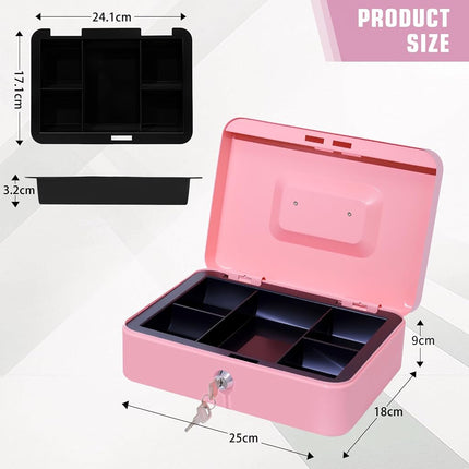 Cash Box with Combination Lock, Money Tin Box with Coin Tray, Lockable Cash Tin for Money Saving Medium 20 * 16 * 9cm Black (Large-Pink1)