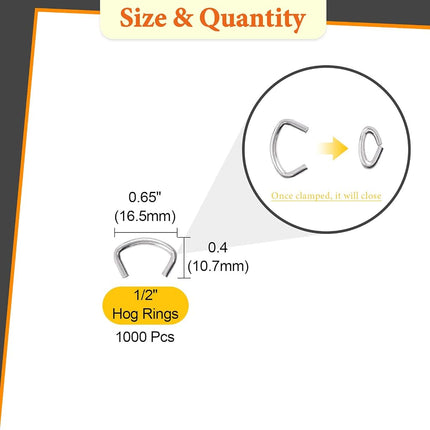 Rustark 1000 Pcs 1/2" Galvanized Hog Rings, Professional Upholstery Hog Rings Set for Furniture,Fencing,Bagging, Railing, Sausage Casing, Meat bags, Shock Cords
