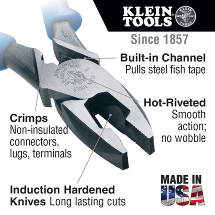Side Cutter Linemans Pliers with Tape Pulling and Wire Crimping, High Leverage, 9-Inch Klein Tools J2000-9NECRTP