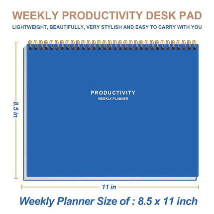 Weekly Productivity Planner - 8.5" x 11" Dashboard Desk Notepad Has 6 Focus Areas to List Tasks for Goals, Projects, Clients, Academic or Meal-Organize Your Daily Work Efficiently, 54 Weeks, Blue