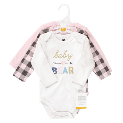 Hudson Baby Paquete de 3 bodys de algodón de manga larga para bebé, niña bebé oso, 3-6 meses