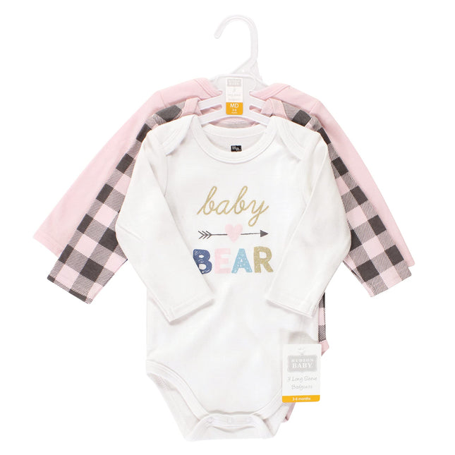 Hudson Baby Baby Girls Cotton Long-sleeve Bodysuits 3-pack, Girl Baby Bear, 3-6 Months
