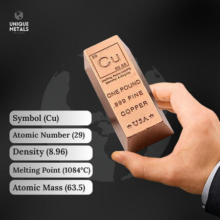 Unique Metals 1 Pound Copper Bar Ingot Paperweight - 999 Pure Chemistry Element Design with Certificate of Authenticity by