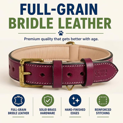 Dowgclub Genuine Leather Basic Dog Collar, Full Grain, Comfortable, Padded, Best for Pups, Small, Medium, Large, XL Dog Breeds (S (Neck Size 11.5"-14.5"), Dark Pink)