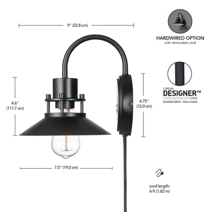 Globe Electric Wren 1-Light Plug-in or Hardwire Wall Sconce, Matte Black, 6ft Black Braided Fabric Designer Cord, in-Line On/Off Rocker Switch