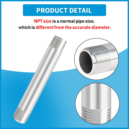 Quickun 304 Stainless Steel Pipe Fitting, 1" NPT x 1" NPT Male Malleable Nipple Cast Pipe 10" Length