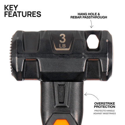 Klein Tools H80693 Sledgehammer, 3-Pound Dual-Faced Hammer with Fiberglass Handle, Shock-Resistant Design for Striking and Demolition, Includes Lanyard Hole
