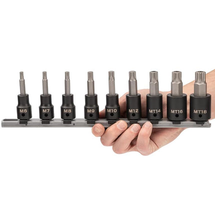 TEKTON 1/2 in Drive Triple Square Impact Bit Socket Set with Rail, 9-Piece (M6-M12, MT14-MT18) | SIB92103
