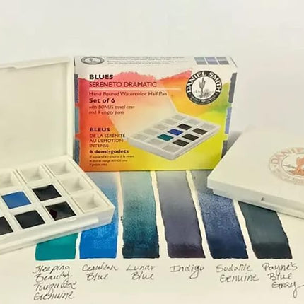 Daniel Smith 285650004 Extra Fine Solid Watercolor Paint, Blue, Set of 6 Colors, Half Pan, Plastic Case and 9 Empty Containers