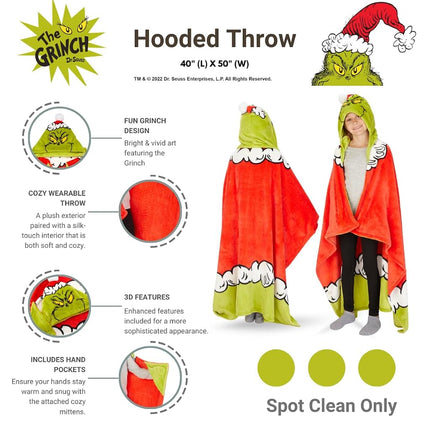 Franco Dr. Seuss The Grinch Holiday Christmas Kids Bedding Soft Cozy Hooded Throw Blanket, 40 in x 50 in, (Officially Licensed Product)