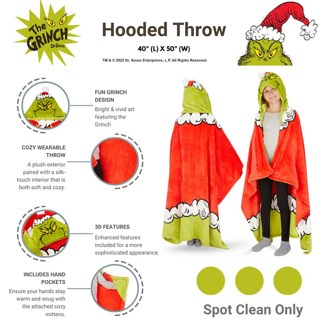 Franco Dr. Seuss The Grinch Manta con capucha suave y cómoda para niños, 40 x 50 pulgadas (producto con licencia oficial)