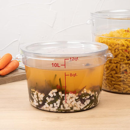 Met Lux 12 Quart Food Storage Containers, 10 Round Commercial Storage Containers - Lids Sold Separately, with Volume Markers, Clear Plastic Food Prep Buckets, Space-Saving Storage