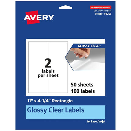 Étiquettes rectangulaires transparentes brillantes Avery, 27,9 x 10,8 cm, 100 étiquettes transparentes brillantes, étiquettes imprimables laser/jet d'encre, idéales pour les étiquettes de produits, les étiquettes de mariage et les étiquettes d'expédition