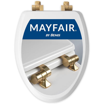 Mayfair 1826BGSL 000 Benton Toilet Seat with Brushed Gold Hinges Will Slow Close and Never Come Loose, Elongated, Durable Enameled Wood, White