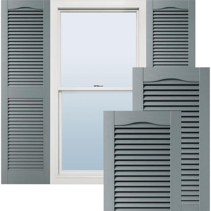 12"W x 31"H Lifetime Vinyl, Standard Cathedral Top Center Mullion, Open Louver Shutters, w/Installation Shutter-Lok's & Matching Screws (Per Pair), Storm Cloud