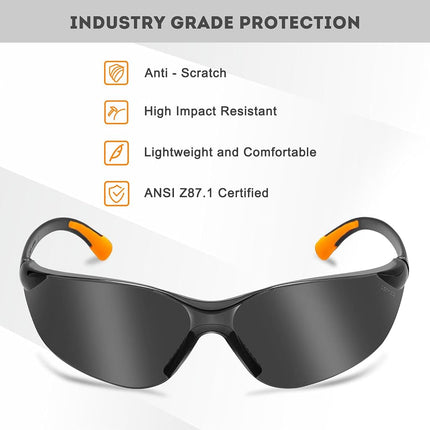 ProtectX 12-Pack Safety Glasses for Men & Women, Safety Sunglasses with Anti-Fog Scratch Resistant Wrap-Around Tinted Smoke Lenses, Non-Slip Orange Rubber Grips, ANSI Z87.1 Rated
