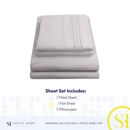 Sweet Home Collection Luxury Bedding Set with Flat, Fitted Sheet, 2 Pillow Cases, Find Double Brushed Microfiber, Silver, King