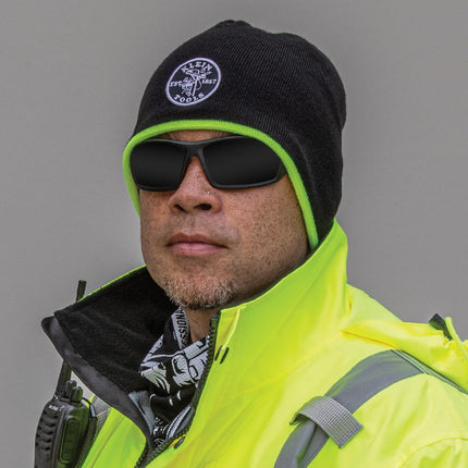 KLEIN TOOLS 60391 Knit Beanie, Thermal Fleece Winter Hat, Windproof, Fits Under Helmets, Black with High-Visibility Yellow Band Trim