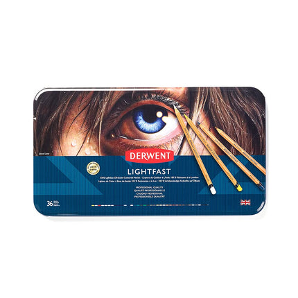 Derwent 2302721 Lightfast Pencils Tin Round,Premium Core Strength,Creamy Texture,Ideal For Fine Art Drawing & Colouring, Professional Quality set of 36,Yellow,Green,White,Salmon,Violet,Brown,Black