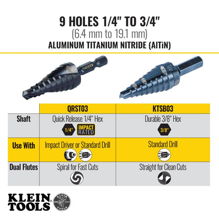 Klein Tools KTSB03 Step Drill Bit Double Fluted 3, 1/4 to 3/4-Inch with Easy-to-Read Markings and Targets, 3/8-Inch Hex Shank , Black