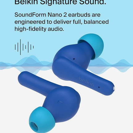 Belkin SoundForm Nano 2 Bluetooth Earbuds for Kids with Built-in Microphone, 28H Battery Life, Safe 85dB Volume, IPX5 Water Resistance - Kids Bluetooth Earbuds for iPhone, iPad, Galaxy, & More - Blue
