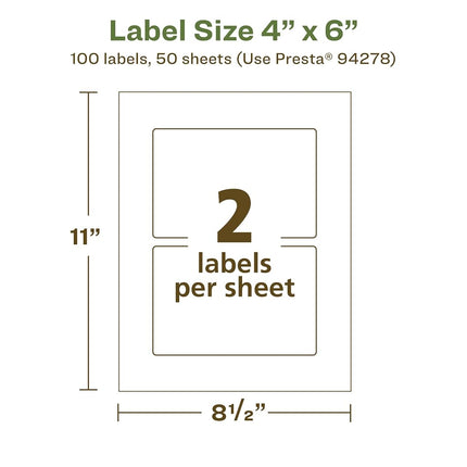 Avery EcoFriendly Matte White Recycled Rectangle Labels, 4" x 6", Print-to-The-Edge, Matte White Labels, Permanent Label Adhesive, Laser/Inkjet, 100 Printable Labels