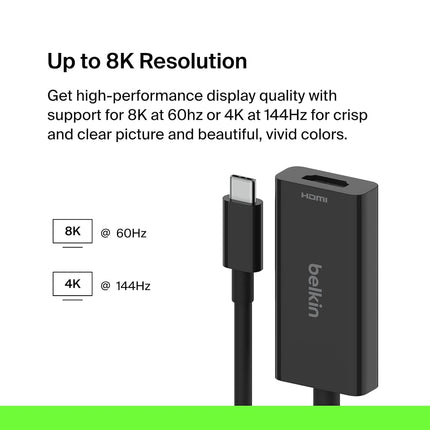 Belkin USB Type C to HDMI 2.1 Adapter, Tethered 4.33in Cable with 8K@60Hz, 4K@144Hz, HDR, HBR3, DSC, HDCP 2.2, USB-IF Certified for Chromebook, Macbook, iPad Pro and other USB C Devices